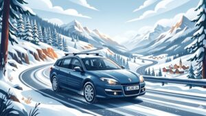 Стилизованная иллюстрация автомобиля Renault Laguna в зимнем пейзаже для статьи о зимней эксплуатации