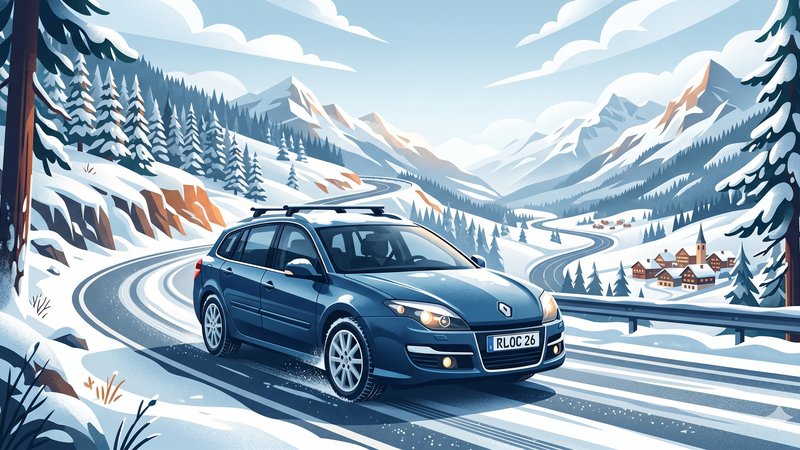 Стилизованная иллюстрация автомобиля Renault Laguna в зимнем пейзаже для статьи о зимней эксплуатации
